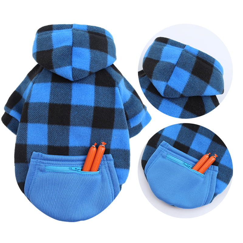 Pull plaid chien bleu de dos