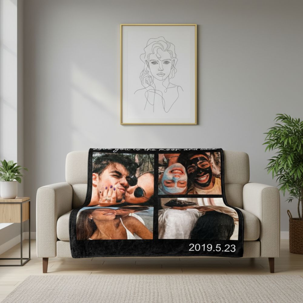 A personalized fleece blanket on a sofa